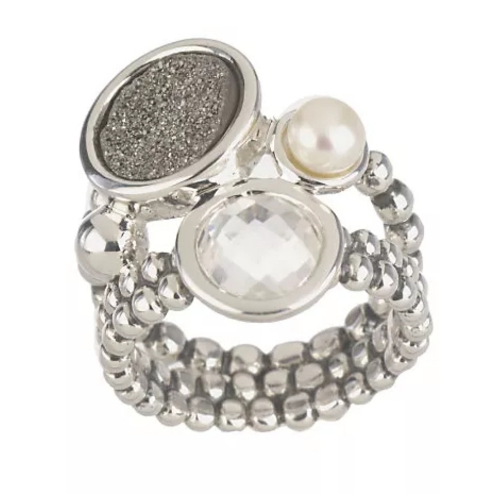 Genuine Druzy Quartz, Pearl, and Crystal Ring Size 7!